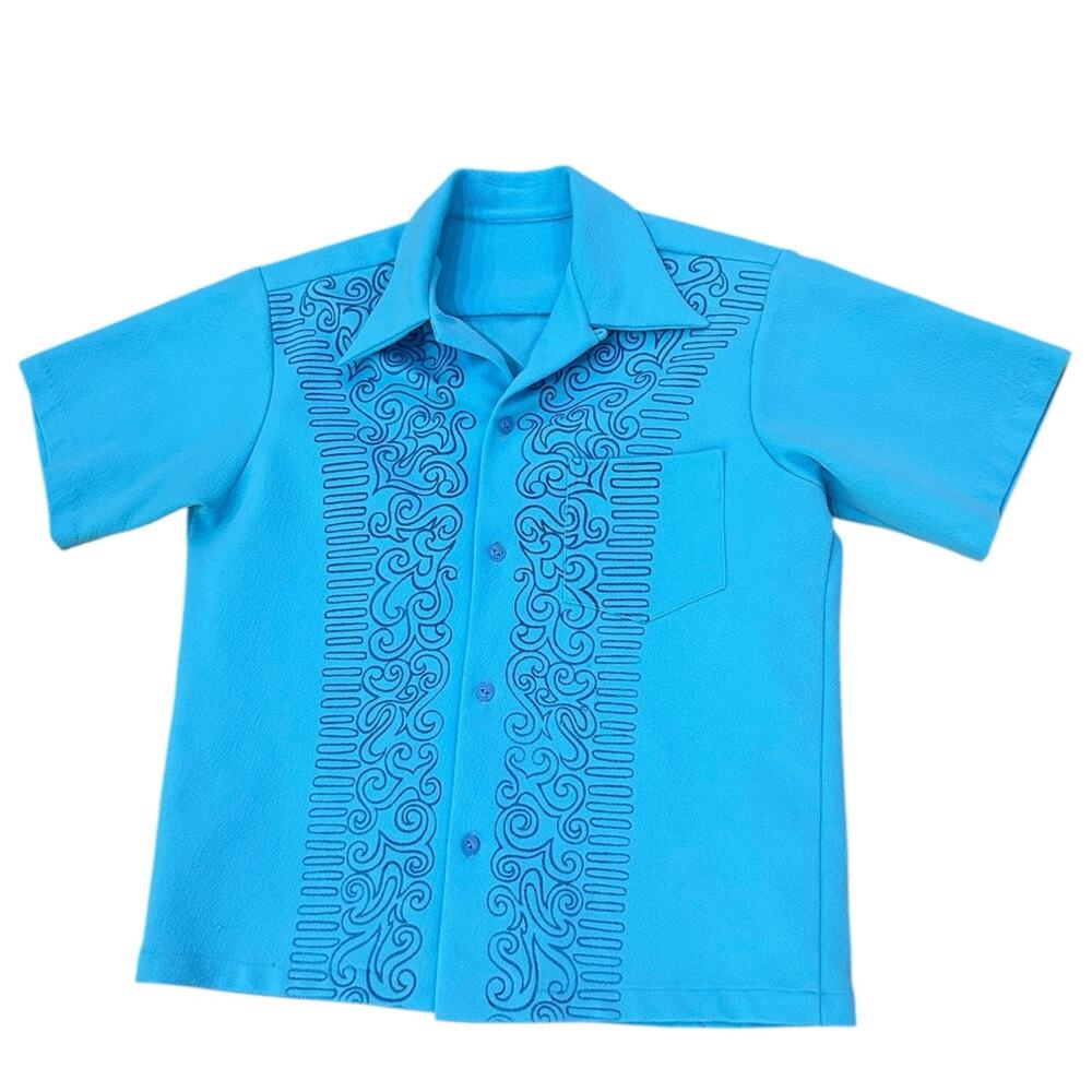 Vintage 1970s Blue Disco Pop Art Short Sleeve Button Up Shirt / Men’s Large -